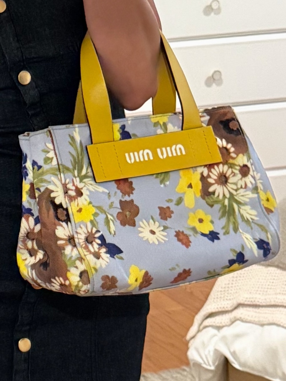 Miu Miu Lavender Floral Tote with Yellow Handles